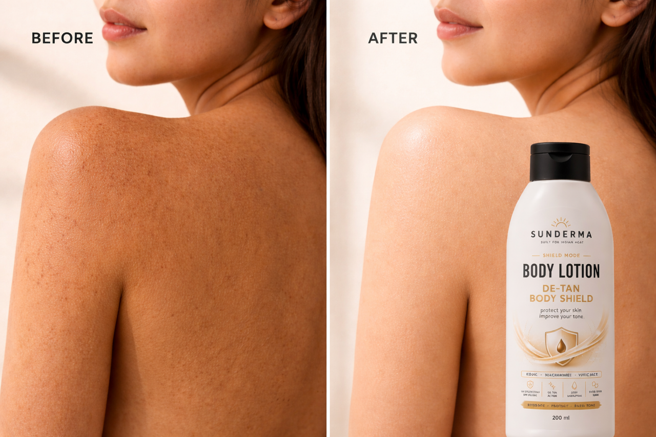 Sunderma De-Tan Body Shield Lotion — SPF Protection + Even Tone Care