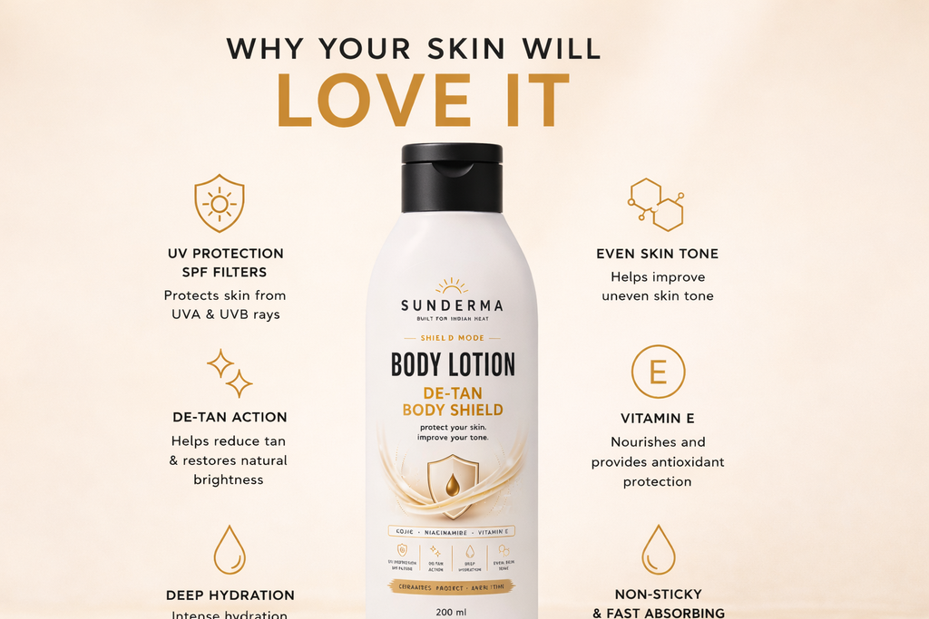 Sunderma De-Tan Body Shield Lotion — SPF Protection + Even Tone Care