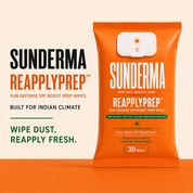 SUNDERMA ReApplyPrep Sun Defense SPF Boost Prep Wipes with Aloe Vera, Green Tea, Cucumber, Niacinamide & Panthenol for Dust, Sweat, Oil & Sunscreen Reapplication | 30 Wipes