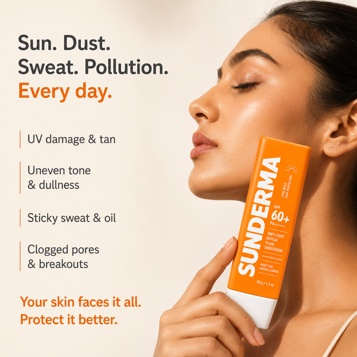 SUNDERMA Anti-Dust Shield SPF 60+ Sunscreen | Lightweight Milky Fluid Sunscreen for Sun, Dust, Sweat & Pollution | 50g