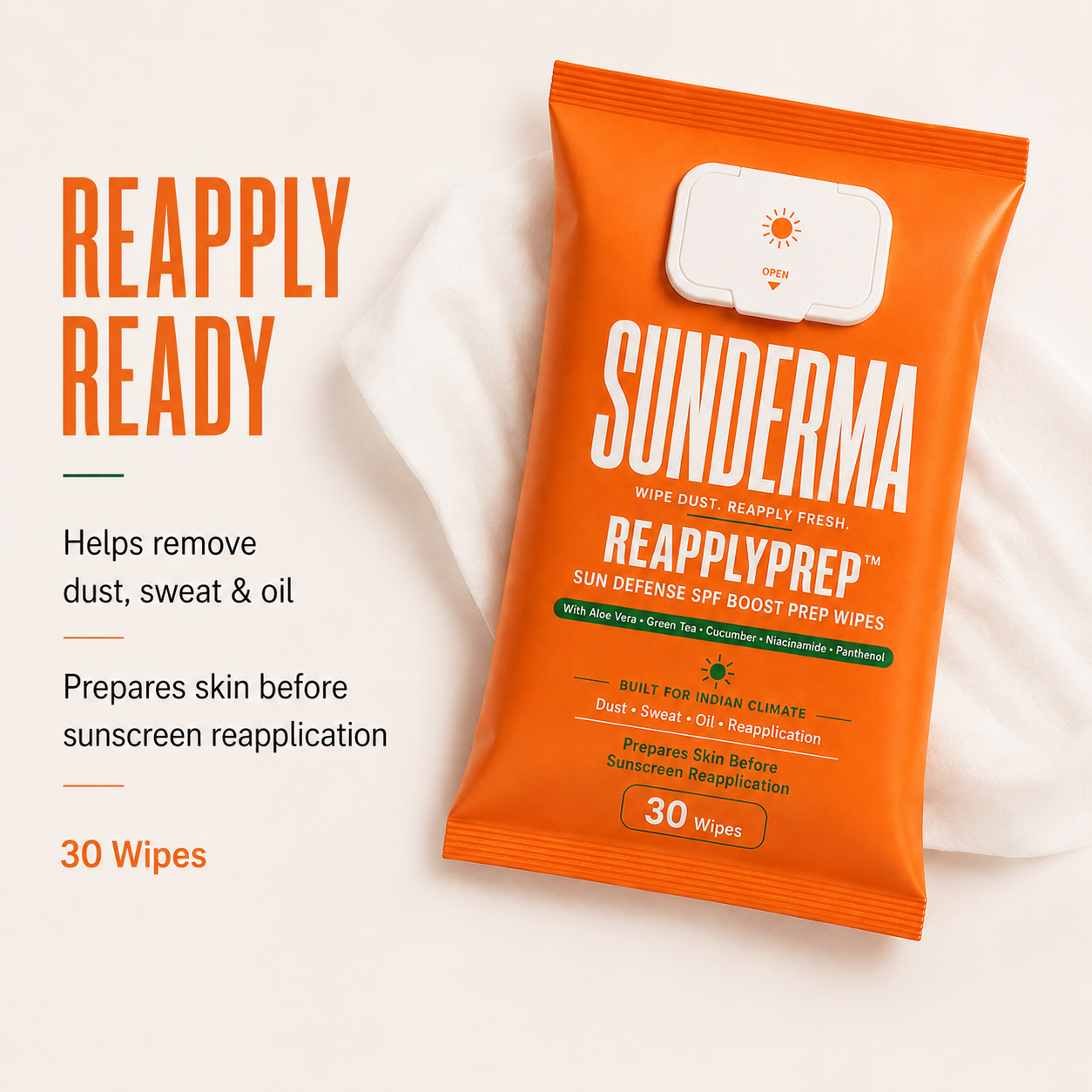 SUNDERMA ReApplyPrep Sun Defense SPF Boost Prep Wipes with Aloe Vera, Green Tea, Cucumber, Niacinamide & Panthenol for Dust, Sweat, Oil & Sunscreen Reapplication | 30 Wipes