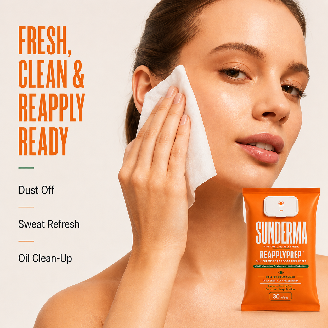 SUNDERMA ReApplyPrep Sun Defense SPF Boost Prep Wipes with Aloe Vera, Green Tea, Cucumber, Niacinamide & Panthenol for Dust, Sweat, Oil & Sunscreen Reapplication | 30 Wipes