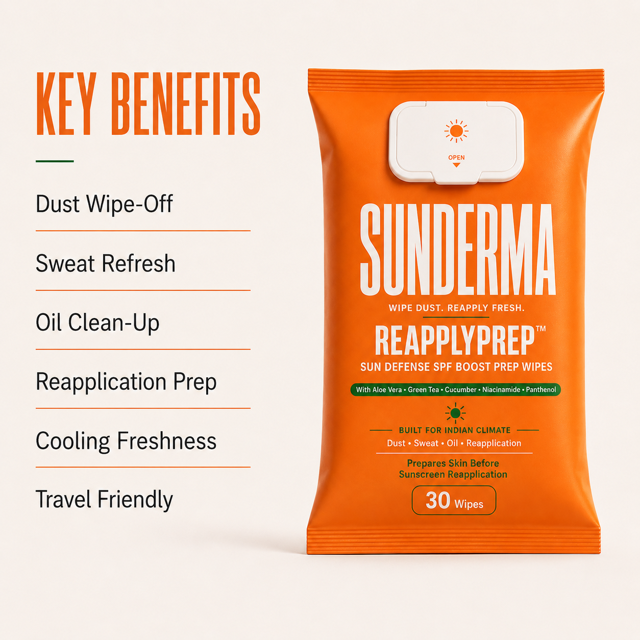 SUNDERMA ReApplyPrep Sun Defense SPF Boost Prep Wipes with Aloe Vera, Green Tea, Cucumber, Niacinamide & Panthenol for Dust, Sweat, Oil & Sunscreen Reapplication | 30 Wipes