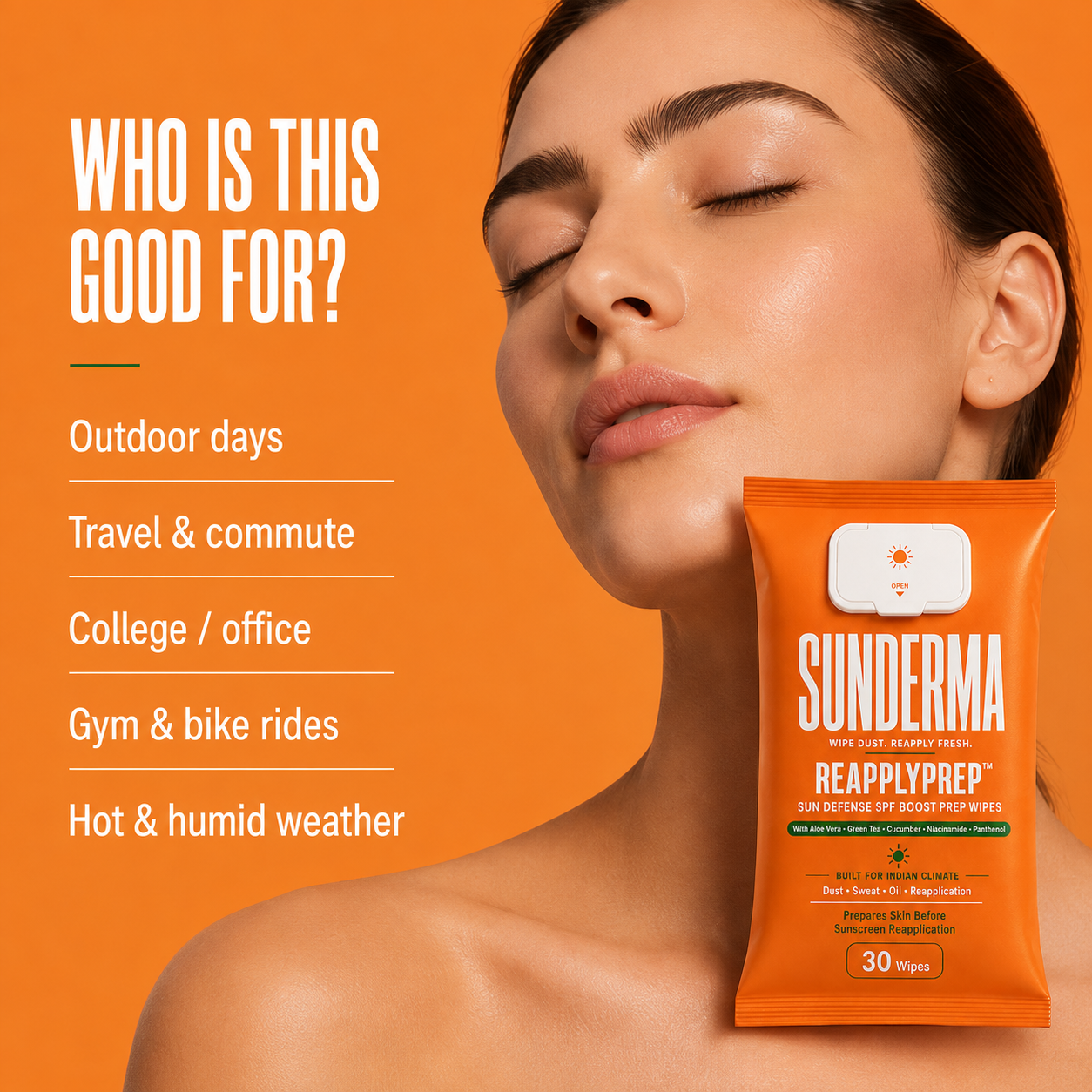 SUNDERMA ReApplyPrep Sun Defense SPF Boost Prep Wipes with Aloe Vera, Green Tea, Cucumber, Niacinamide & Panthenol for Dust, Sweat, Oil & Sunscreen Reapplication | 30 Wipes