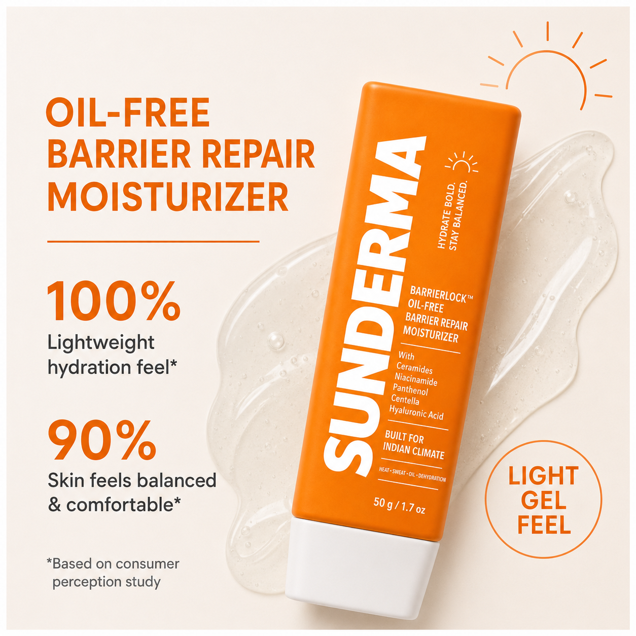 SUNDERMA BarrierLock Oil-Free Barrier Repair Moisturizer with Ceramides, Niacinamide, Panthenol, Centella & Hyaluronic Acid for Oily, Combination & Dehydrated Skin | 50 g