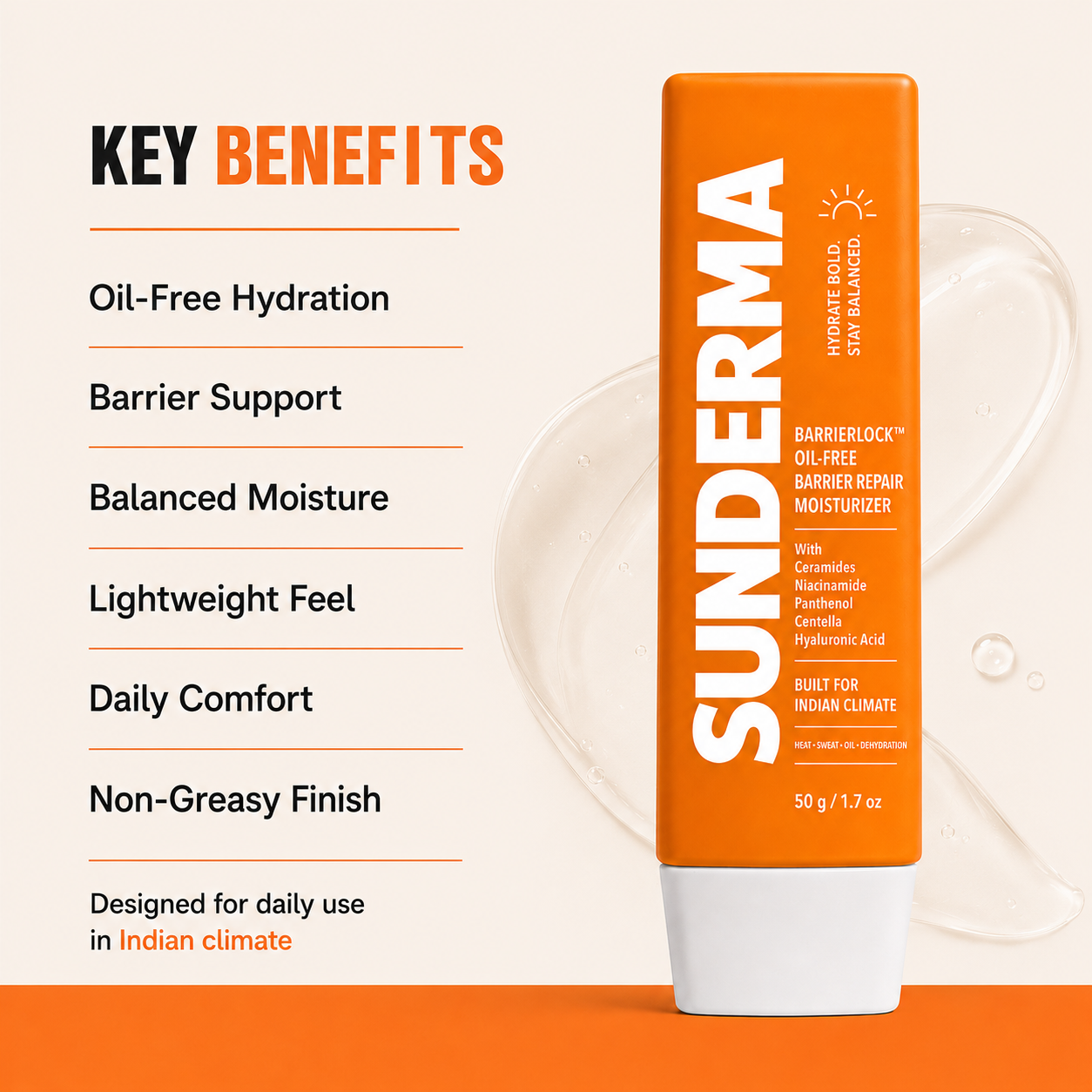 SUNDERMA BarrierLock Oil-Free Barrier Repair Moisturizer with Ceramides, Niacinamide, Panthenol, Centella & Hyaluronic Acid for Oily, Combination & Dehydrated Skin | 50 g