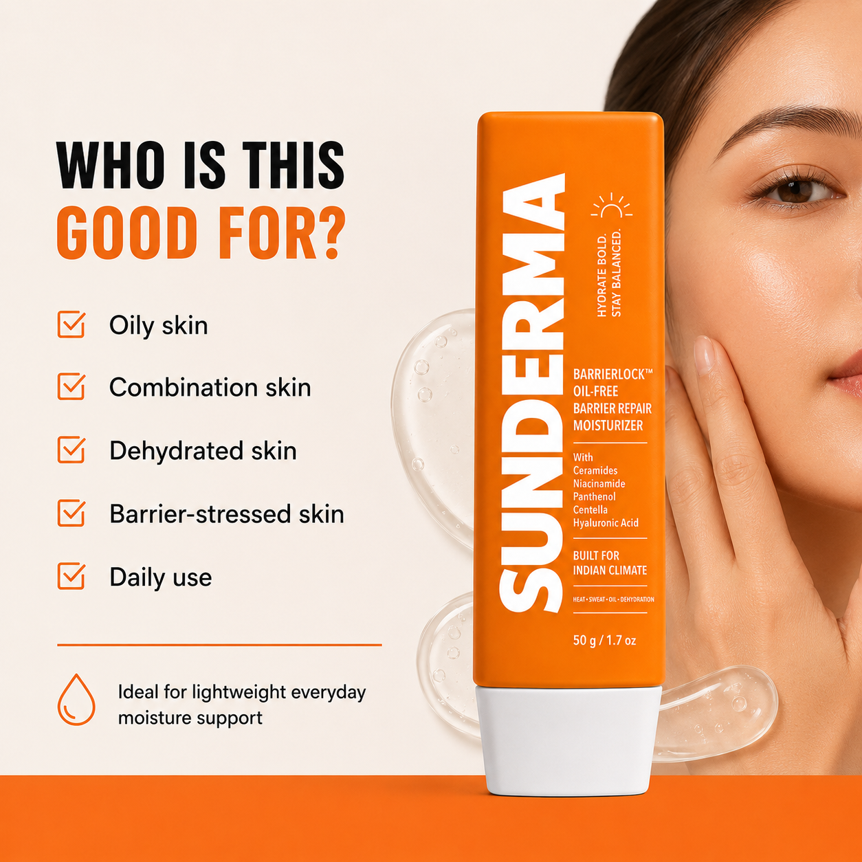 SUNDERMA BarrierLock Oil-Free Barrier Repair Moisturizer with Ceramides, Niacinamide, Panthenol, Centella & Hyaluronic Acid for Oily, Combination & Dehydrated Skin | 50 g