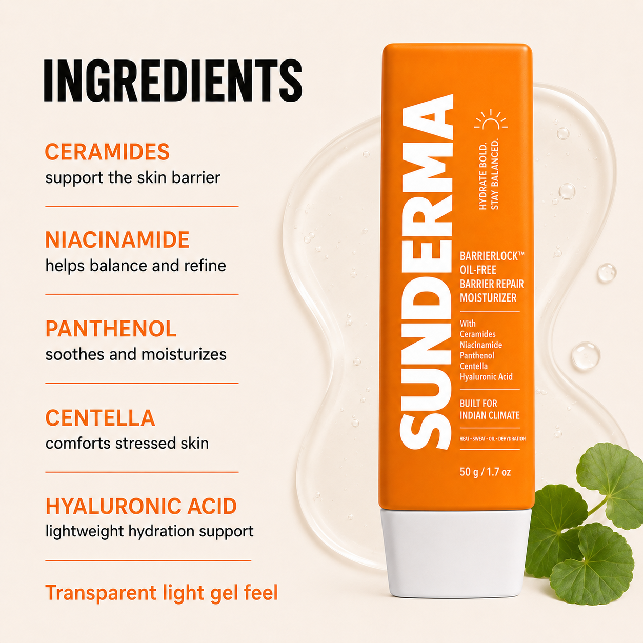 SUNDERMA BarrierLock Oil-Free Barrier Repair Moisturizer with Ceramides, Niacinamide, Panthenol, Centella & Hyaluronic Acid for Oily, Combination & Dehydrated Skin | 50 g