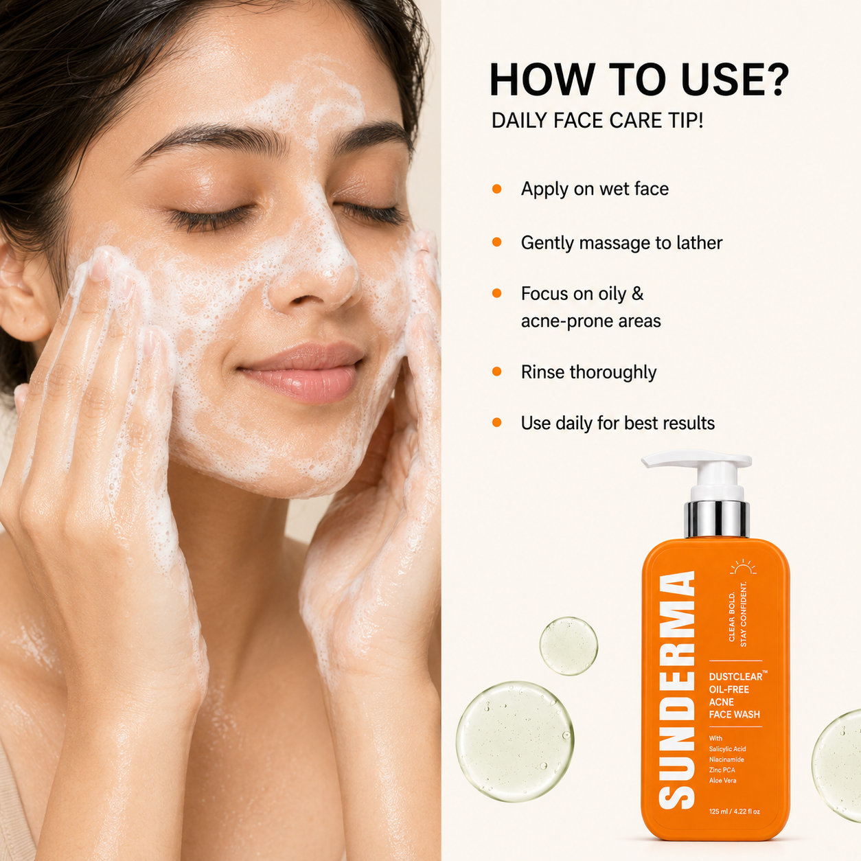 SUNDERMA DustClear Oil-Free Acne Clear Face Wash with Salicylic Acid, Niacinamide & Zinc PCA for Oily, Combination & Acne-Prone Skin | 125 ml