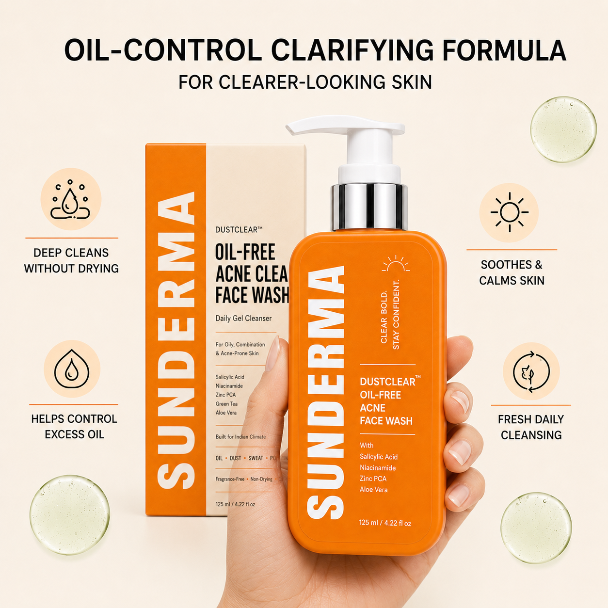 SUNDERMA DustClear Oil-Free Acne Clear Face Wash with Salicylic Acid, Niacinamide & Zinc PCA for Oily, Combination & Acne-Prone Skin | 125 ml