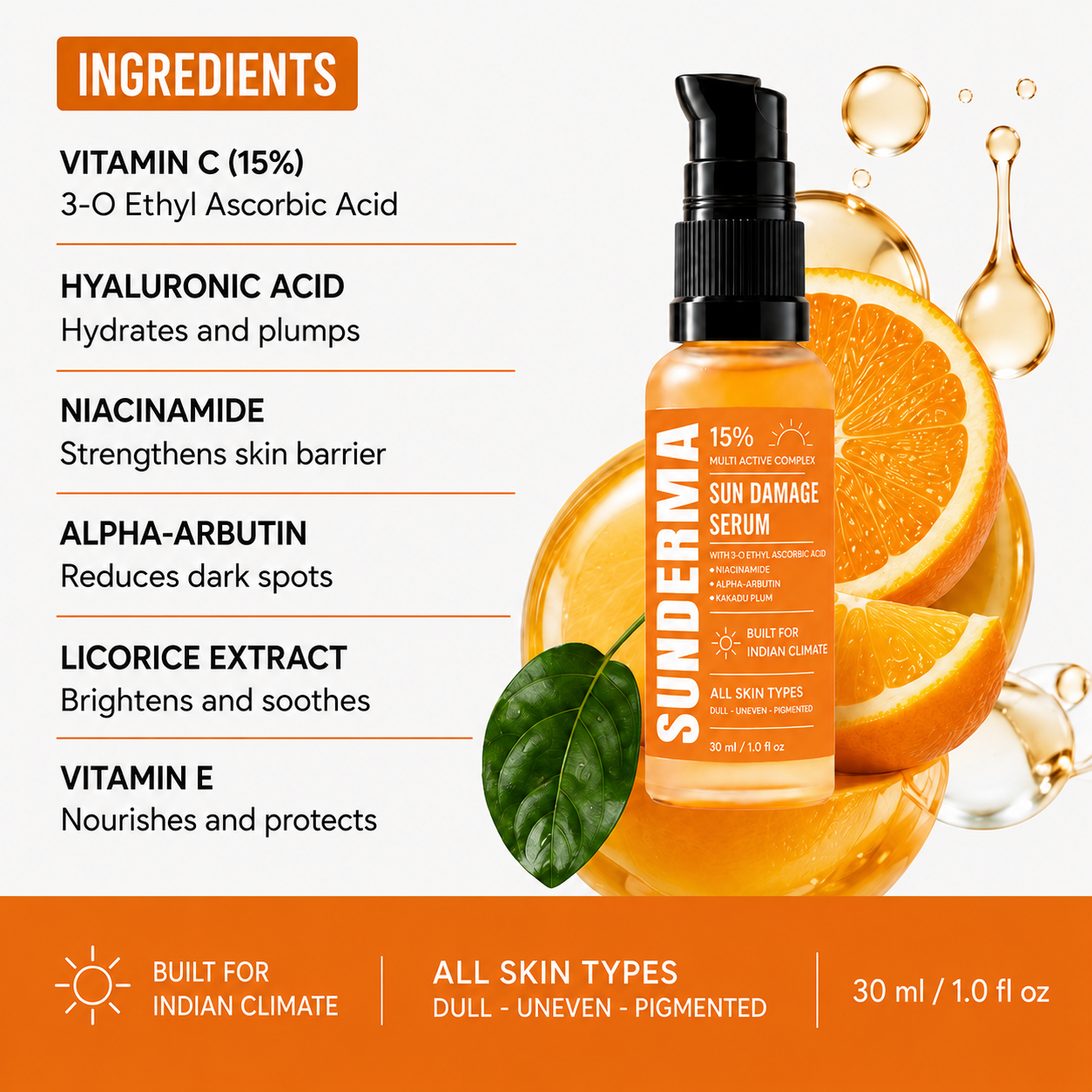 SUNDERMA 15% Sun Damage Serum with 3-O Ethyl Ascorbic Acid, Niacinamide, Alpha-Arbutin & Kakadu Plum for Dull, Uneven & Pigmented Skin | 30 ml