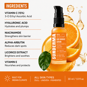 SUNDERMA 15% Sun Damage Serum with 3-O Ethyl Ascorbic Acid, Niacinamide, Alpha-Arbutin & Kakadu Plum for Dull, Uneven & Pigmented Skin | 30 ml