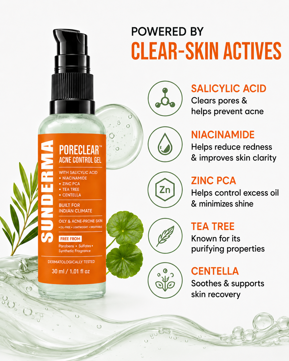 SUNDERMA PoreClear Acne Control Gel with Salicylic Acid, Niacinamide, Zinc PCA, Tea Tree & Centella for Oily & Acne-Prone Skin | 30 ml