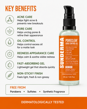 SUNDERMA PoreClear Acne Control Gel with Salicylic Acid, Niacinamide, Zinc PCA, Tea Tree & Centella for Oily & Acne-Prone Skin | 30 ml