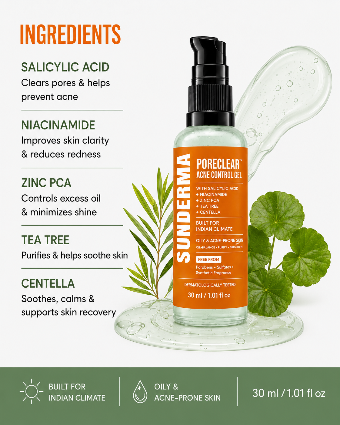 SUNDERMA PoreClear Acne Control Gel with Salicylic Acid, Niacinamide, Zinc PCA, Tea Tree & Centella for Oily & Acne-Prone Skin | 30 ml