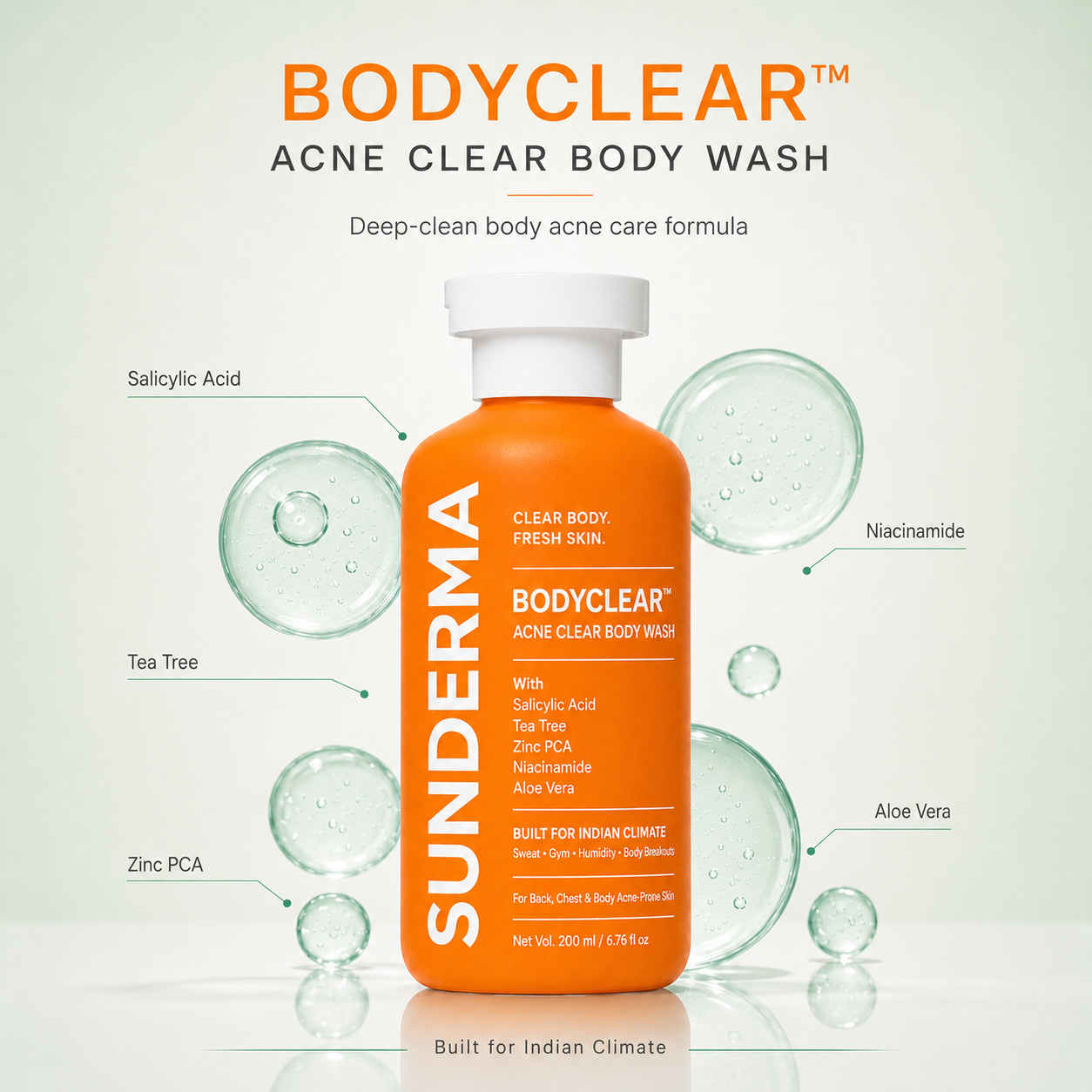 SUNDERMA BodyClear Acne Clear Body Wash with Salicylic Acid, Tea Tree, Zinc PCA, Niacinamide & Aloe Vera for Back, Chest & Body Acne-Prone Skin | 200 ml