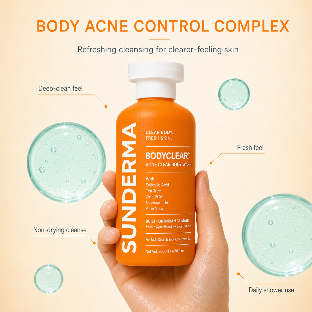 SUNDERMA BodyClear Acne Clear Body Wash with Salicylic Acid, Tea Tree, Zinc PCA, Niacinamide & Aloe Vera for Back, Chest & Body Acne-Prone Skin | 200 ml