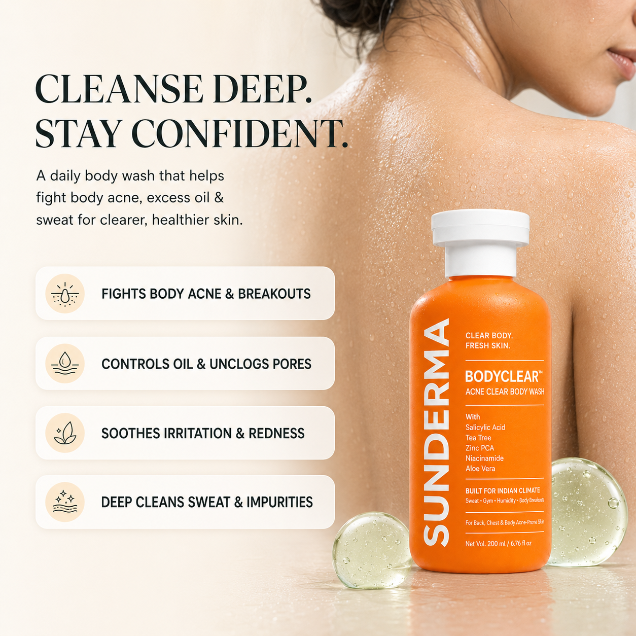 SUNDERMA BodyClear Acne Clear Body Wash with Salicylic Acid, Tea Tree, Zinc PCA, Niacinamide & Aloe Vera for Back, Chest & Body Acne-Prone Skin | 200 ml