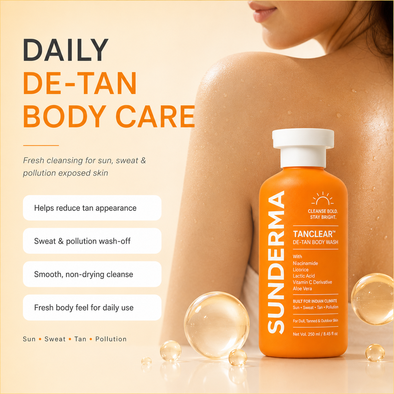 SUNDERMA TanClear De-Tan Body Wash with Niacinamide, Licorice, Lactic Acid, Vitamin C Derivative & Aloe Vera for Dull, Tanned & Outdoor Skin | 250 ml