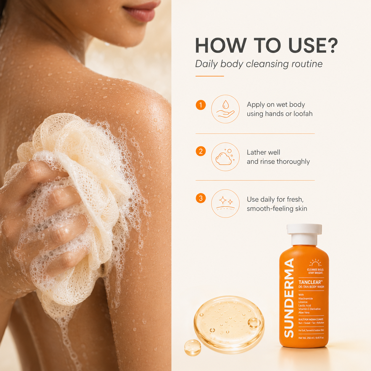 SUNDERMA TanClear De-Tan Body Wash with Niacinamide, Licorice, Lactic Acid, Vitamin C Derivative & Aloe Vera for Dull, Tanned & Outdoor Skin | 250 ml