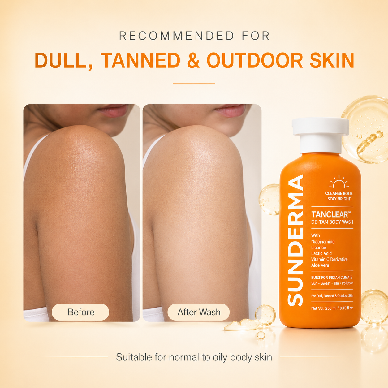 SUNDERMA TanClear De-Tan Body Wash with Niacinamide, Licorice, Lactic Acid, Vitamin C Derivative & Aloe Vera for Dull, Tanned & Outdoor Skin | 250 ml