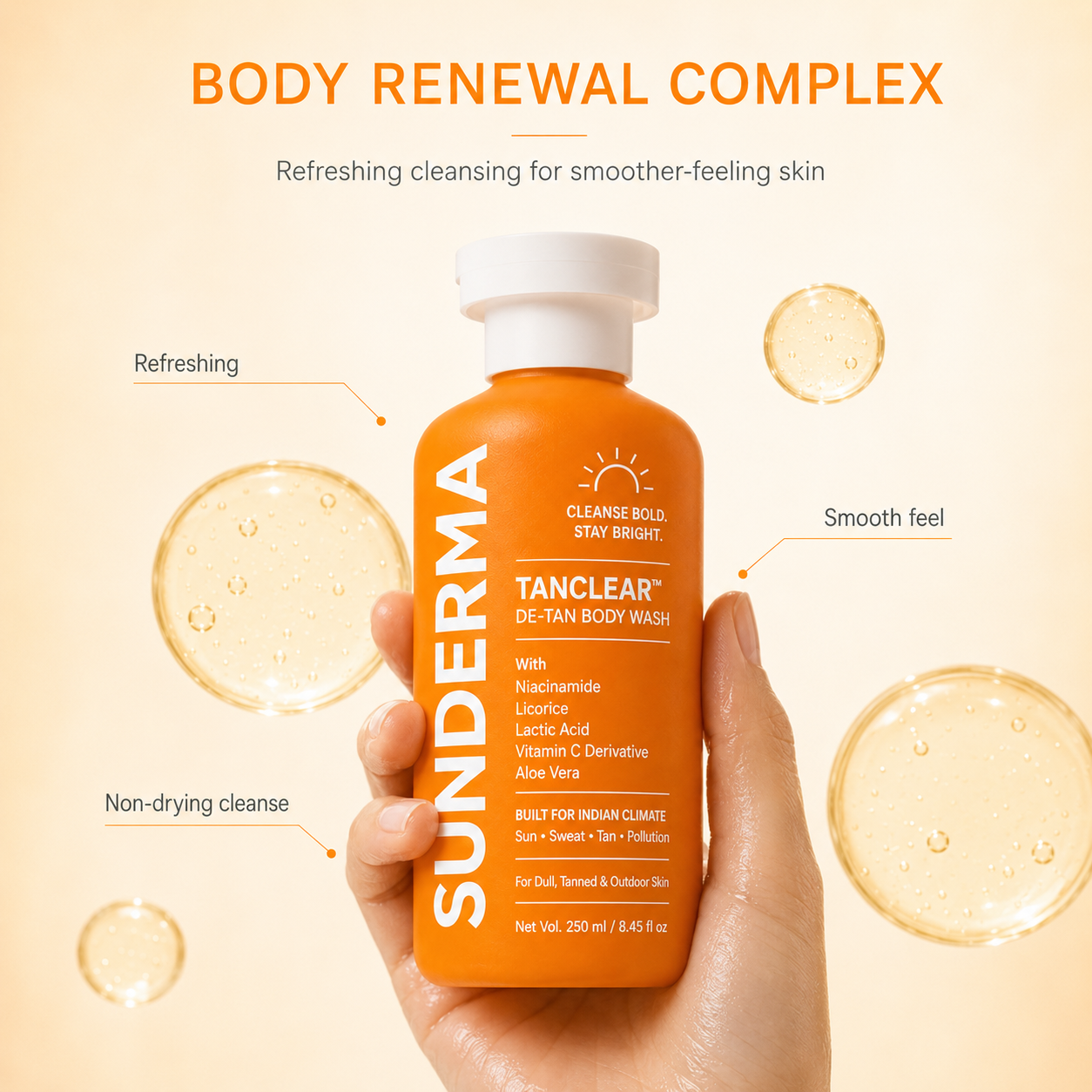SUNDERMA TanClear De-Tan Body Wash with Niacinamide, Licorice, Lactic Acid, Vitamin C Derivative & Aloe Vera for Dull, Tanned & Outdoor Skin | 250 ml