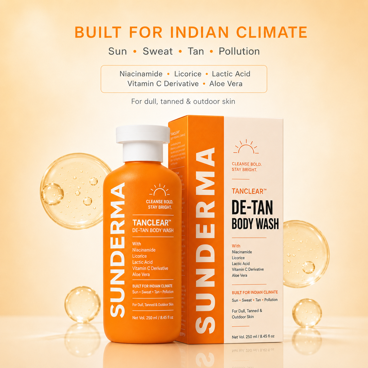 SUNDERMA TanClear De-Tan Body Wash with Niacinamide, Licorice, Lactic Acid, Vitamin C Derivative & Aloe Vera for Dull, Tanned & Outdoor Skin | 250 ml