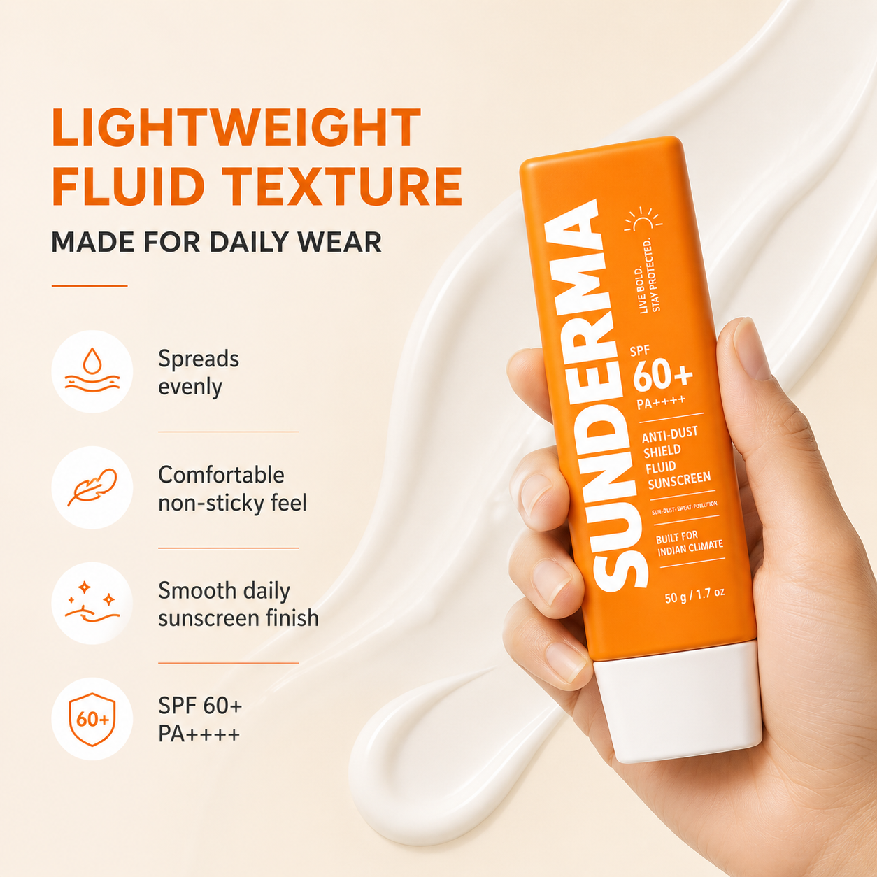 SUNDERMA Anti-Dust Shield SPF 60+ Sunscreen | Lightweight Milky Fluid Sunscreen for Sun, Dust, Sweat & Pollution | 50g